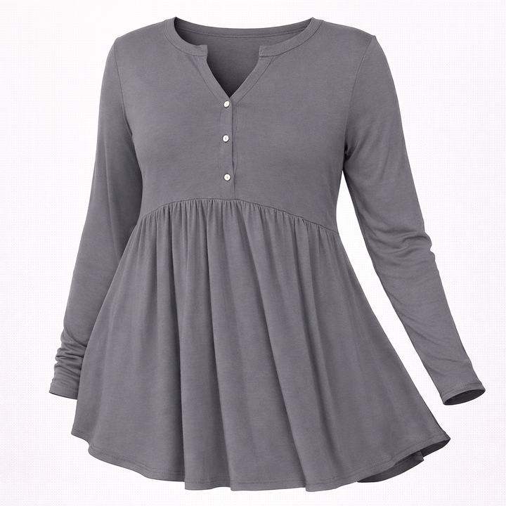 V-neck Buttons Pleated Long Sleeve Plus Size T-shirt