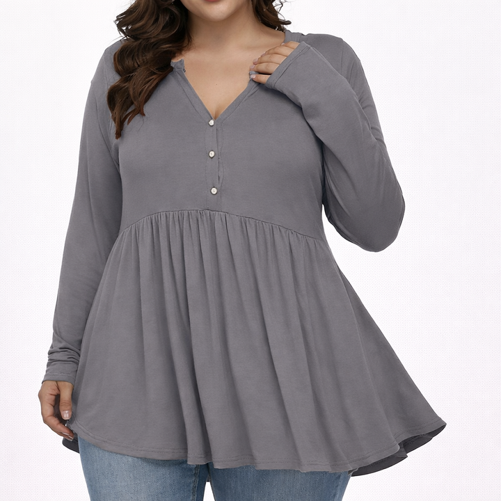 V-neck Buttons Pleated Long Sleeve Plus Size T-shirt