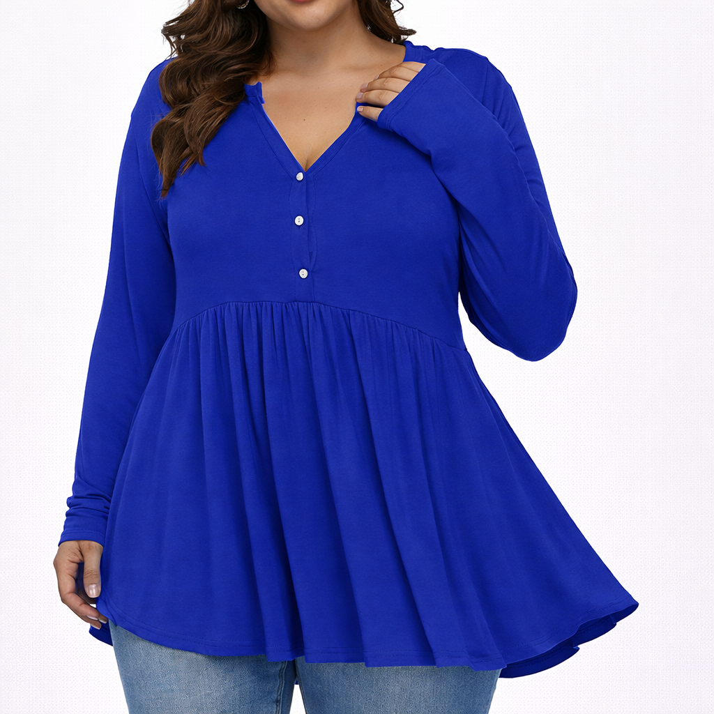V-neck Buttons Pleated Long Sleeve Plus Size T-shirt