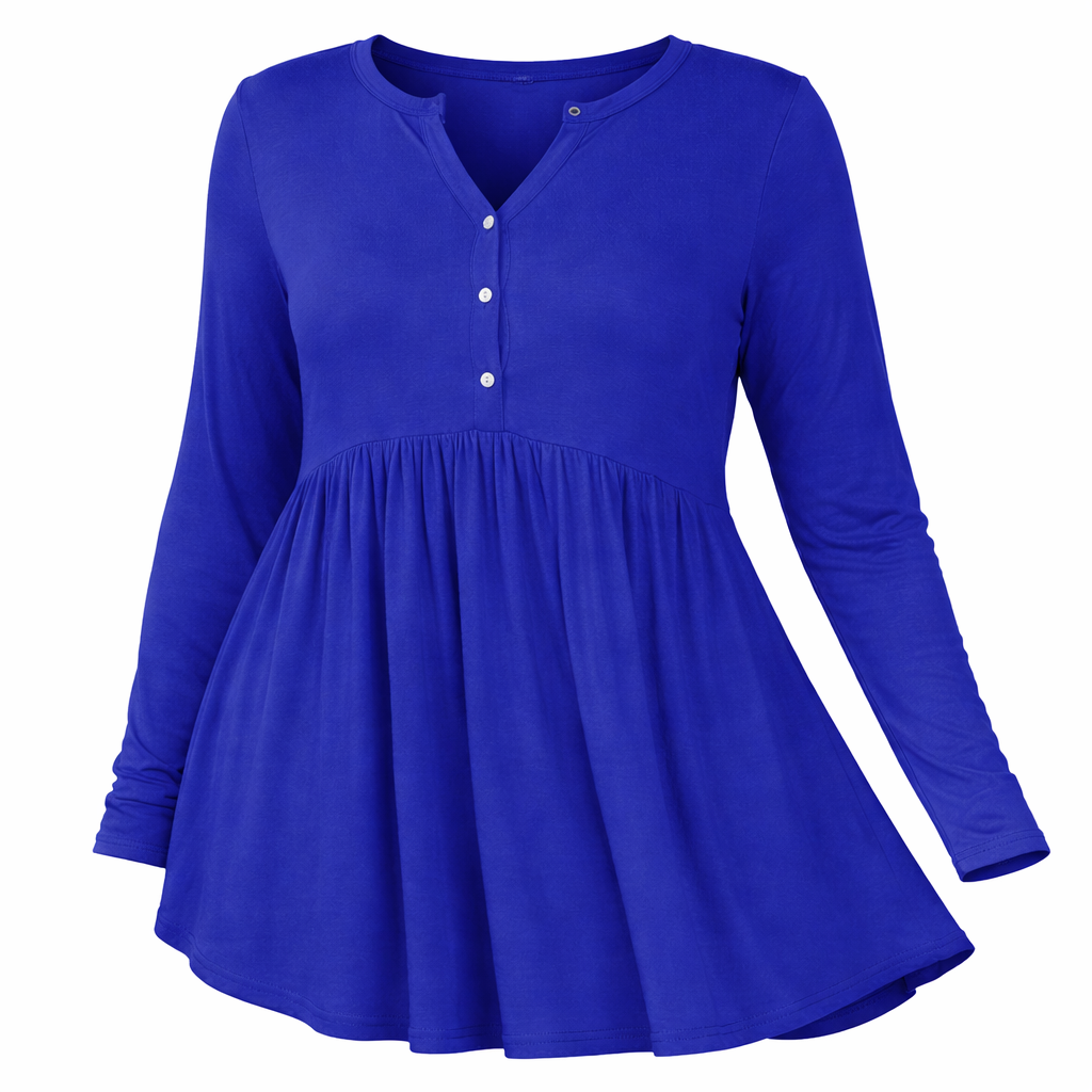 V-neck Buttons Pleated Long Sleeve Plus Size T-shirt