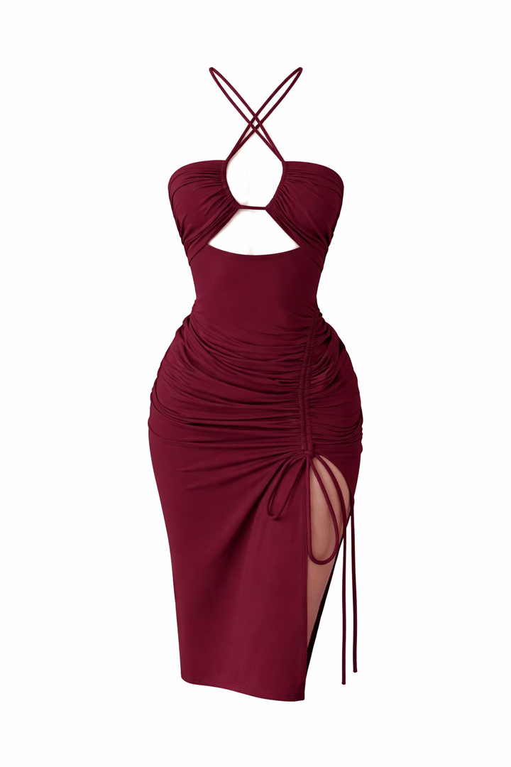 Halterneck Lace-Up Split Maxi Dress