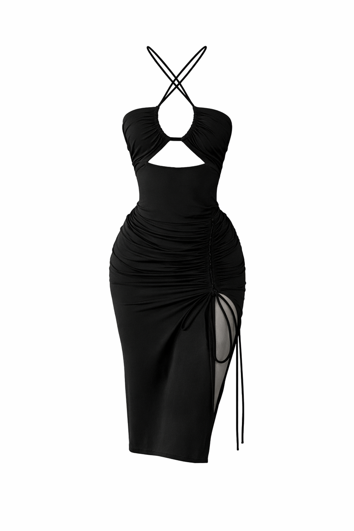 Halterneck Lace-Up Split Maxi Dress