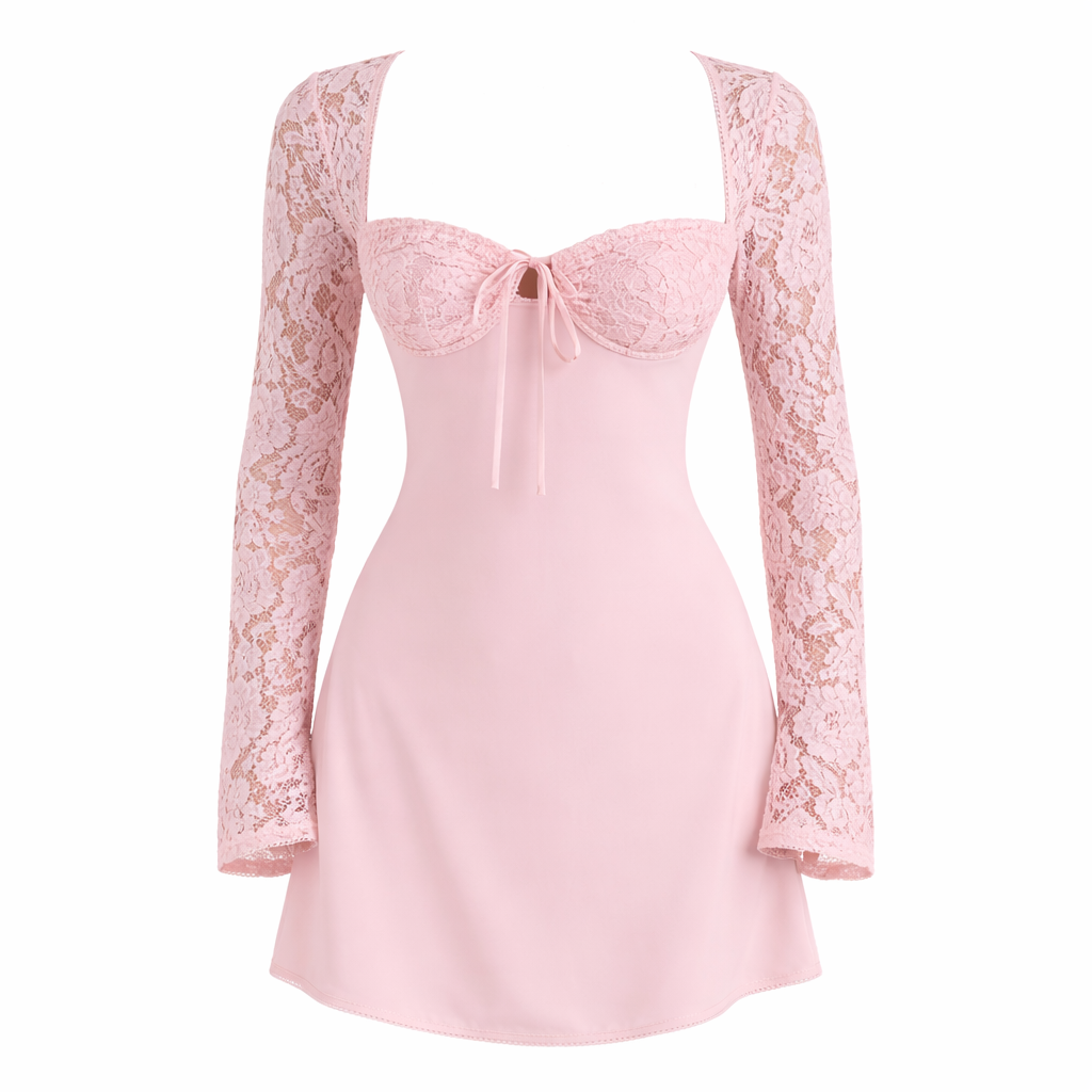Lace Corset Backless Dress with Long Sleeves