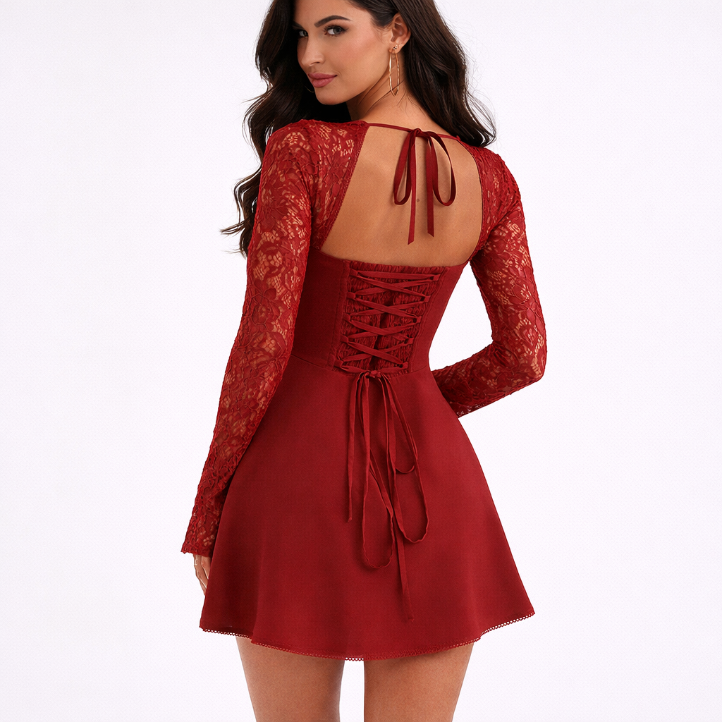 Lace Corset Backless Dress with Long Sleeves
