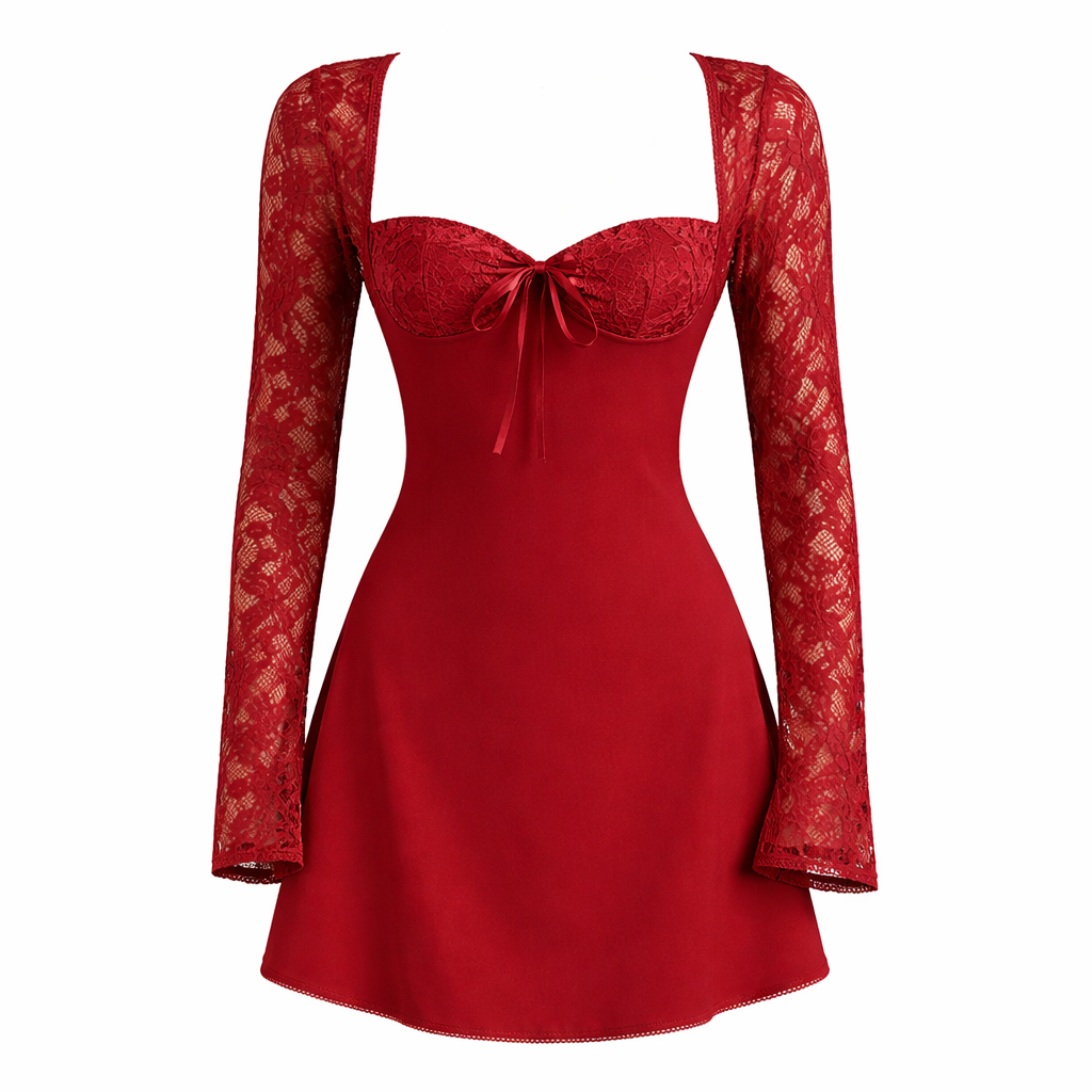 Lace Corset Backless Dress with Long Sleeves