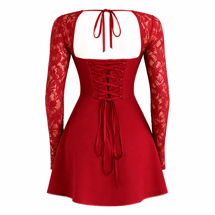 Lace Corset Backless Dress with Long Sleeves