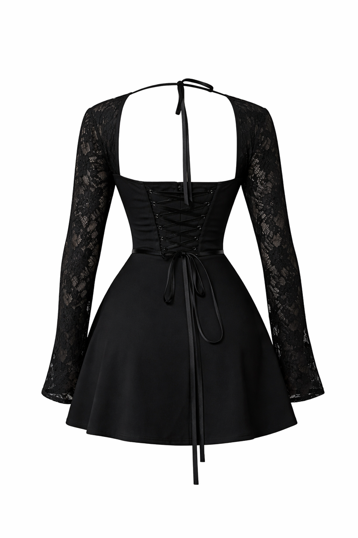Lace Corset Backless Dress with Long Sleeves