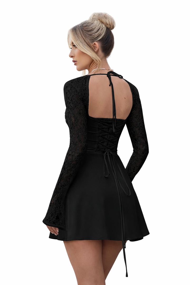 Lace Corset Backless Dress with Long Sleeves