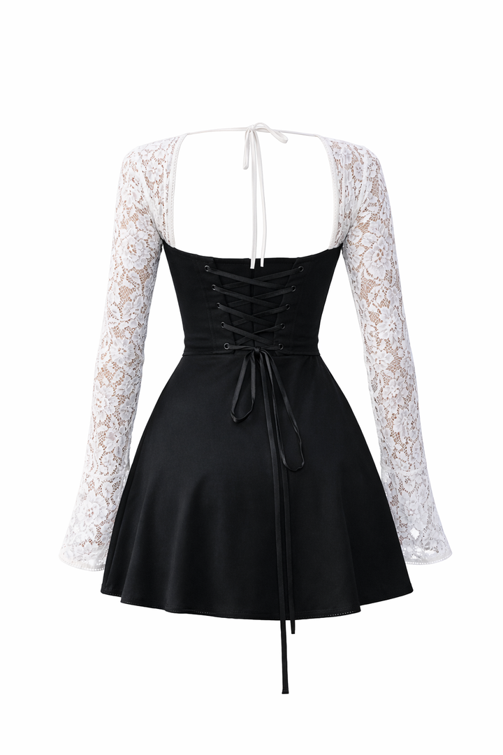 Lace Corset Backless Dress with Long Sleeves