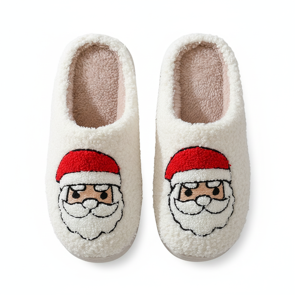 Christmas Home Slippers Cute Cartoon Santa Claus Cotton Slippers For Women And Men Couples Winter Warm Furry Shoes