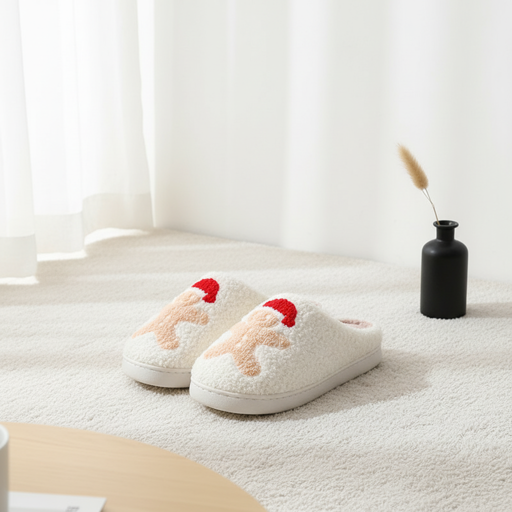 Christmas Home Slippers Cute Cartoon Santa Claus Cotton Slippers For Women And Men Couples Winter Warm Furry Shoes