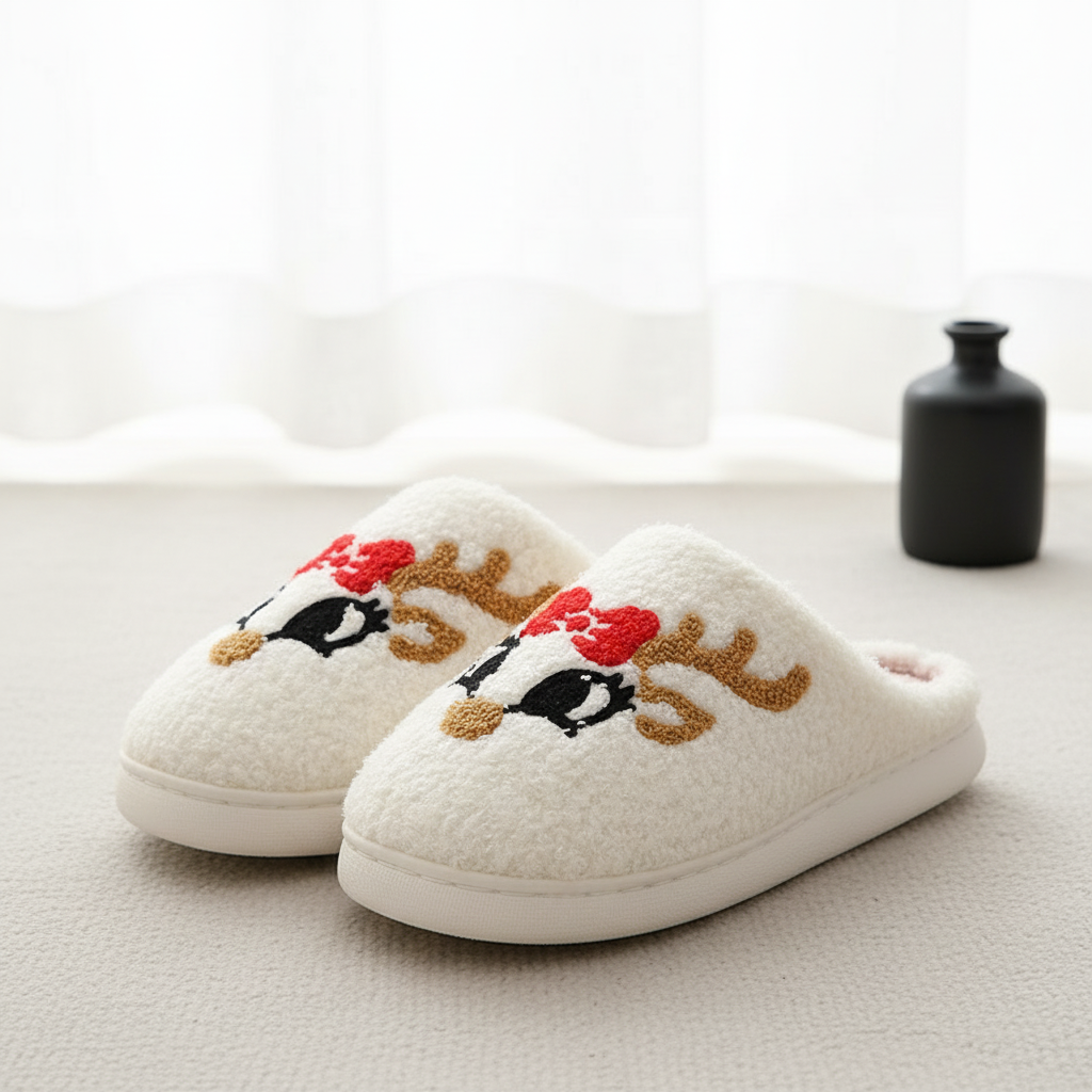 Christmas Home Slippers Cute Cartoon Santa Claus Cotton Slippers For Women And Men Couples Winter Warm Furry Shoes
