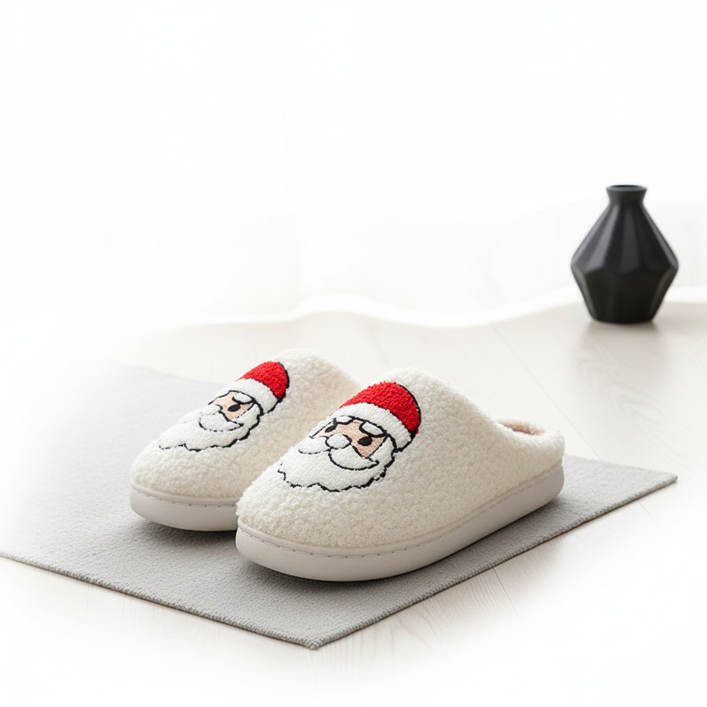 Christmas Home Slippers Cute Cartoon Santa Claus Cotton Slippers For Women And Men Couples Winter Warm Furry Shoes