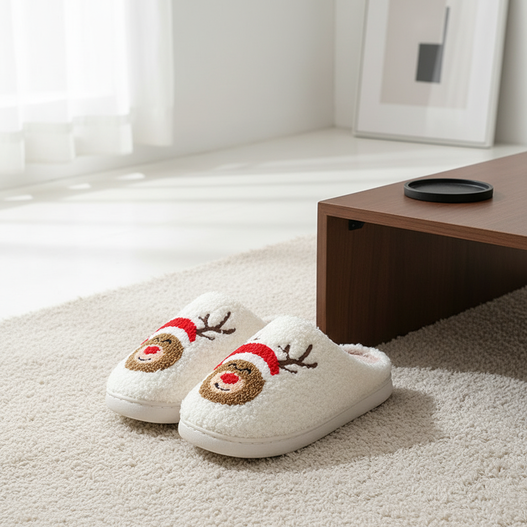 Christmas Home Slippers Cute Cartoon Santa Claus Cotton Slippers For Women And Men Couples Winter Warm Furry Shoes