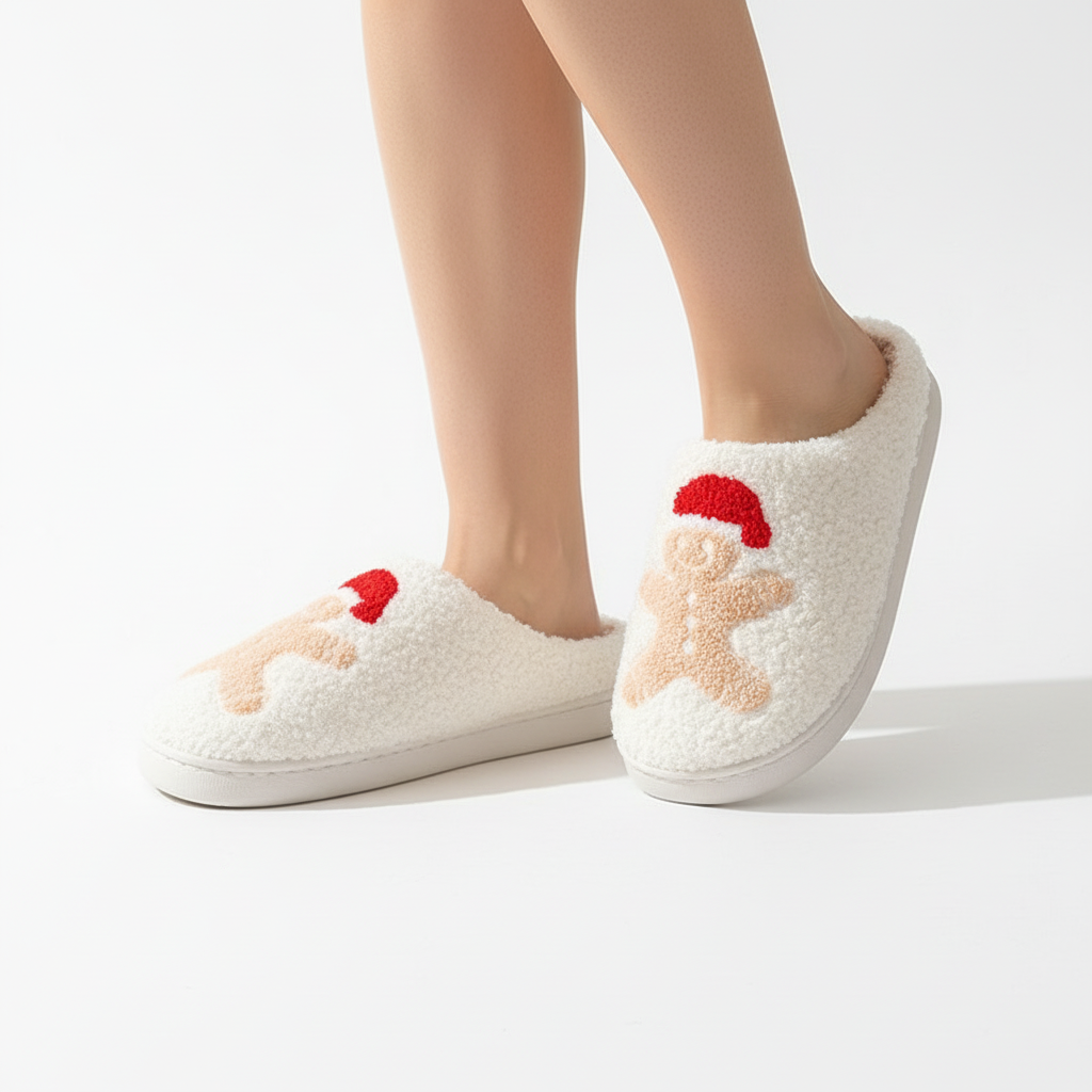 Christmas Home Slippers Cute Cartoon Santa Claus Cotton Slippers For Women And Men Couples Winter Warm Furry Shoes