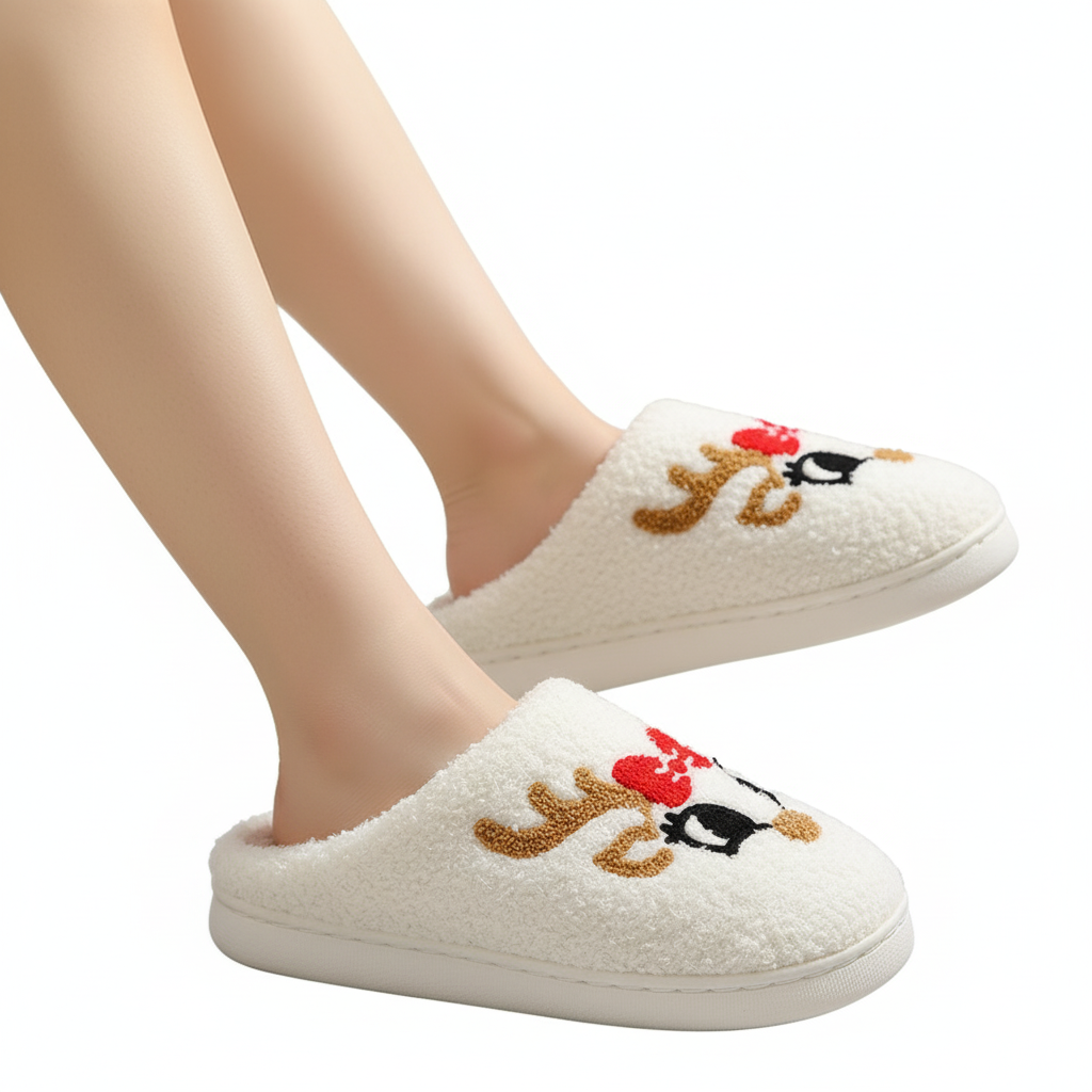 Christmas Home Slippers Cute Cartoon Santa Claus Cotton Slippers For Women And Men Couples Winter Warm Furry Shoes