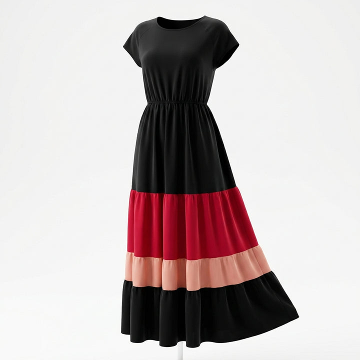 Women's Color Block Maxi Dresses V Neck Sleeveless Tiered Casual Dresses Loose Sundress