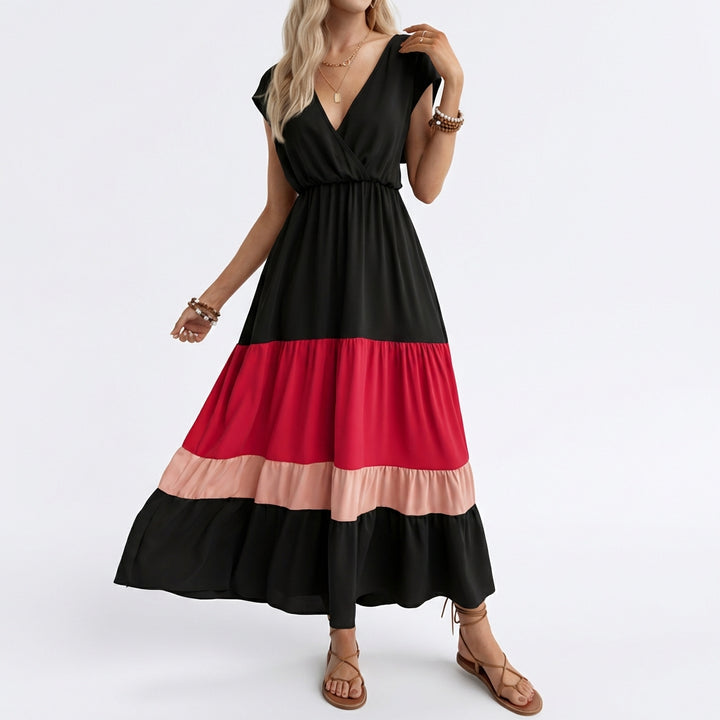 Women's Color Block Maxi Dresses V Neck Sleeveless Tiered Casual Dresses Loose Sundress