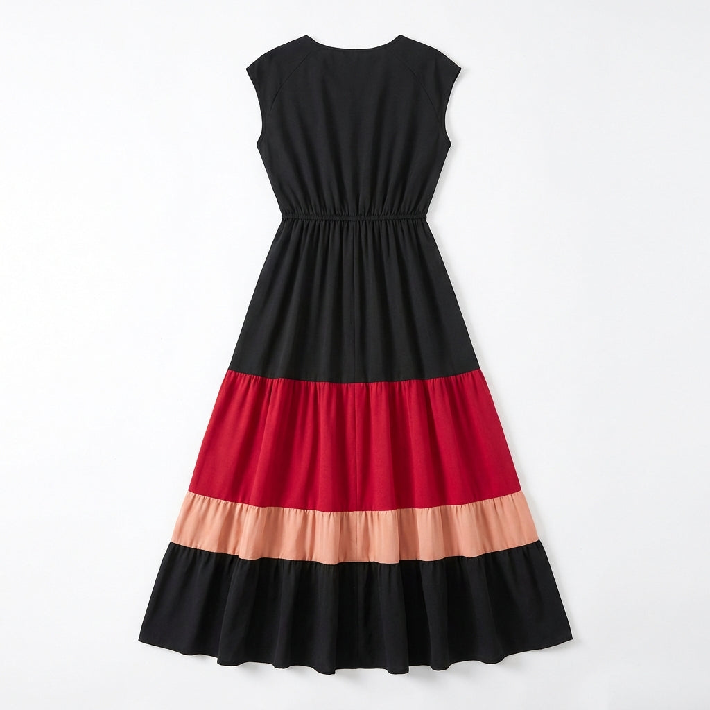 Women's Color Block Maxi Dresses V Neck Sleeveless Tiered Casual Dresses Loose Sundress