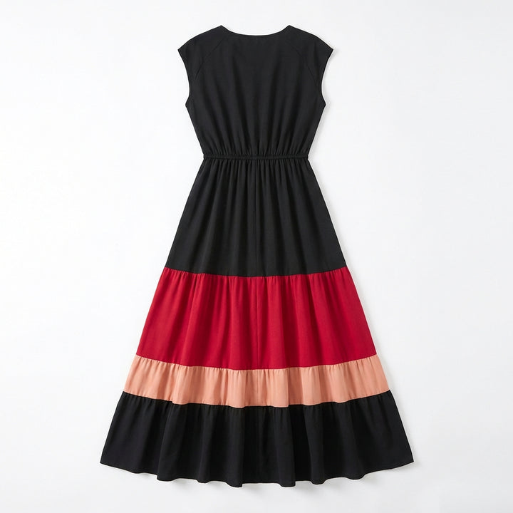 Women's Color Block Maxi Dresses V Neck Sleeveless Tiered Casual Dresses Loose Sundress