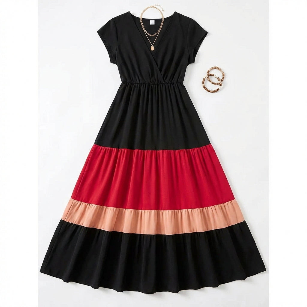 Women's Color Block Maxi Dresses V Neck Sleeveless Tiered Casual Dresses Loose Sundress