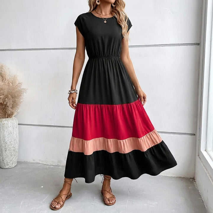 Women's Color Block Maxi Dresses V Neck Sleeveless Tiered Casual Dresses Loose Sundress
