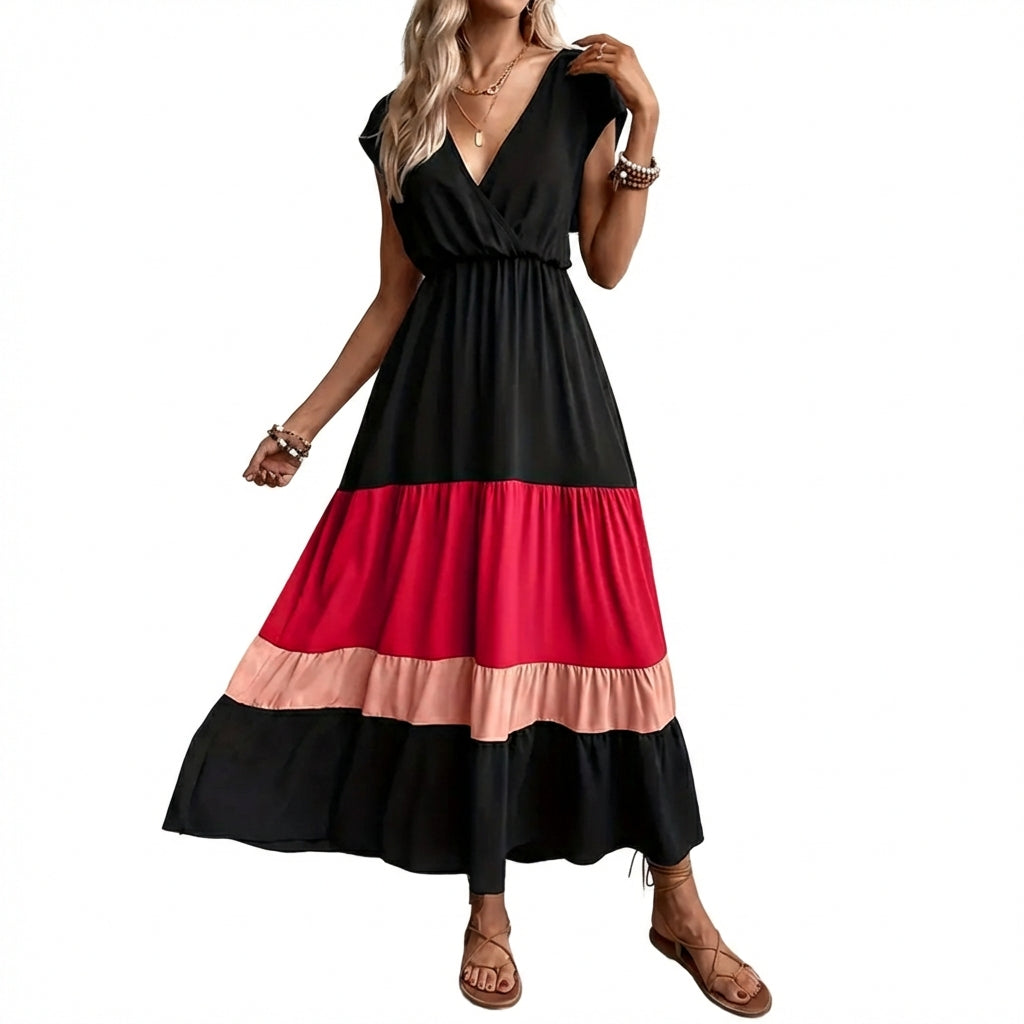 Women's Color Block Maxi Dresses V Neck Sleeveless Tiered Casual Dresses Loose Sundress