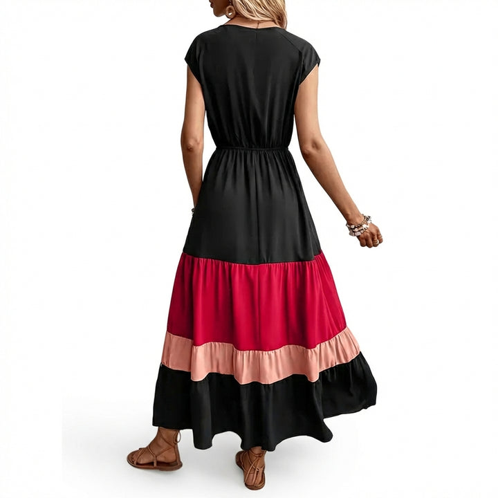 Women's Color Block Maxi Dresses V Neck Sleeveless Tiered Casual Dresses Loose Sundress