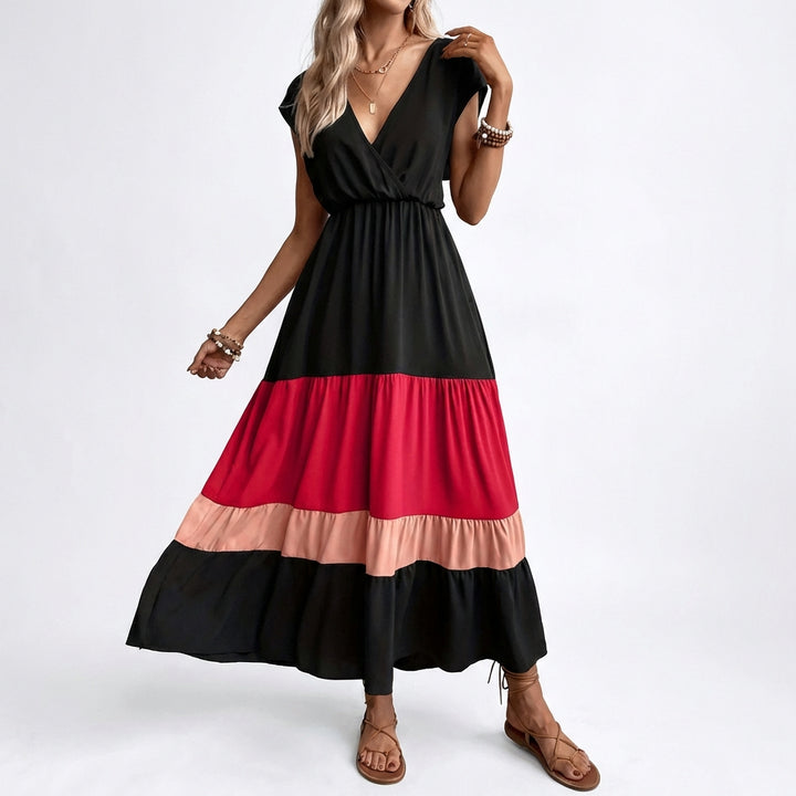 Women's Color Block Maxi Dresses V Neck Sleeveless Tiered Casual Dresses Loose Sundress