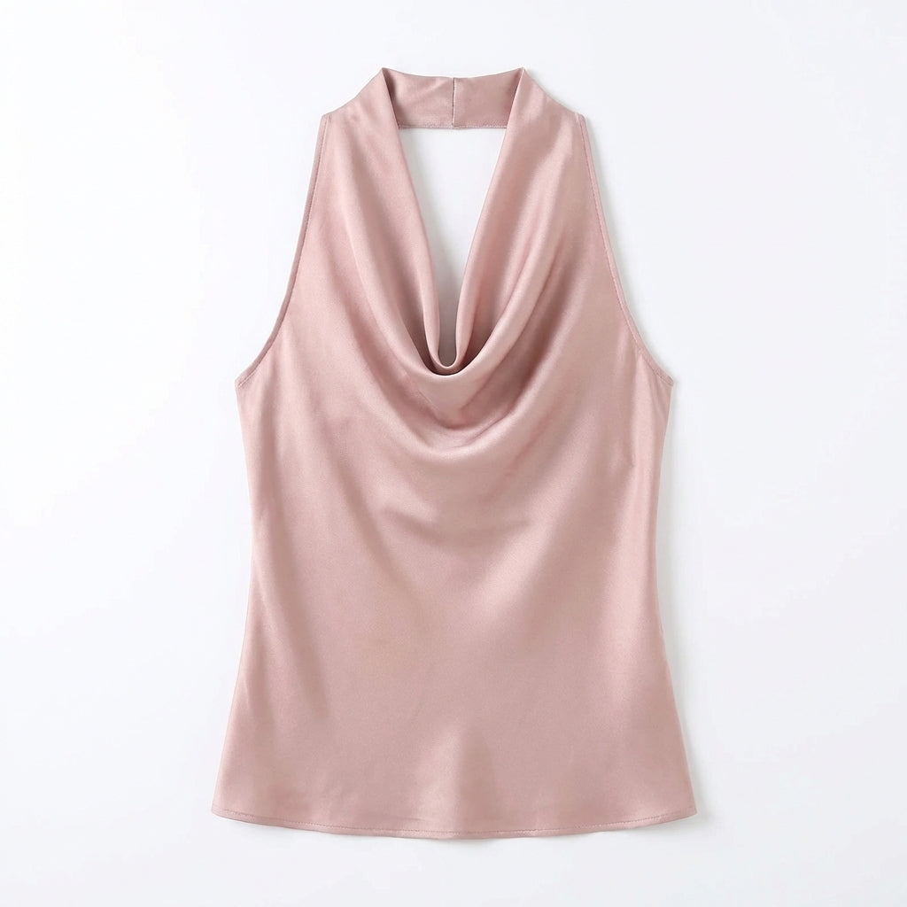 Women Solid Color Swing Collar Sleeveless Vest Trendy Elegant Shirt With Halter Neckline Backless Short Sleeve Tops Tshirts