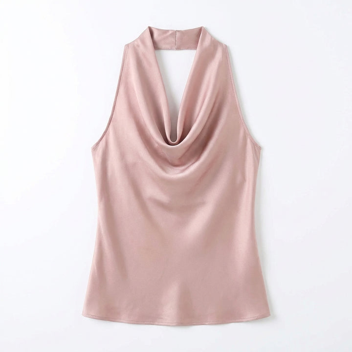 Women Solid Color Swing Collar Sleeveless Vest Trendy Elegant Shirt With Halter Neckline Backless Short Sleeve Tops Tshirts