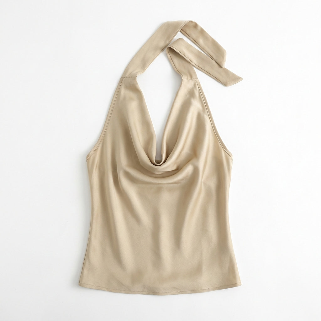 Women Solid Color Swing Collar Sleeveless Vest Trendy Elegant Shirt With Halter Neckline Backless Short Sleeve Tops Tshirts