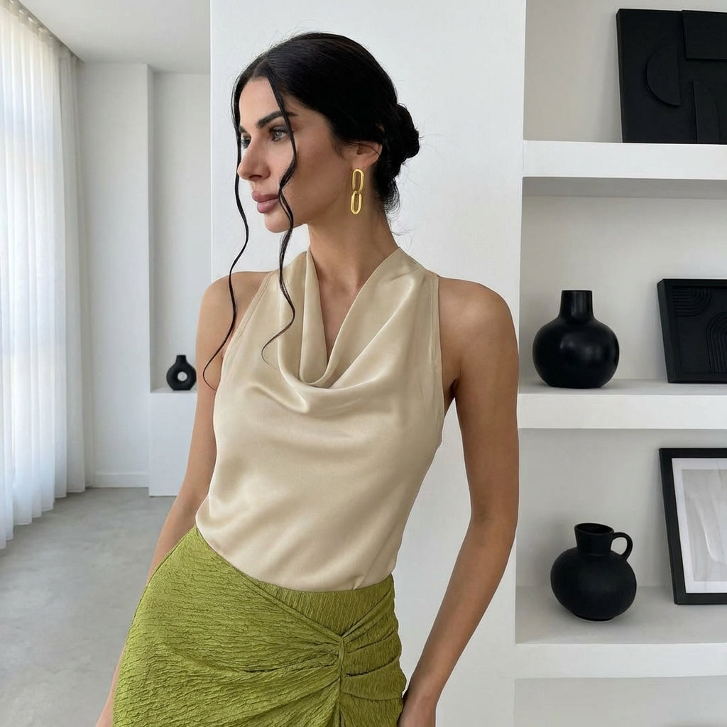 Women Solid Color Swing Collar Sleeveless Vest Trendy Elegant Shirt With Halter Neckline Backless Short Sleeve Tops Tshirts