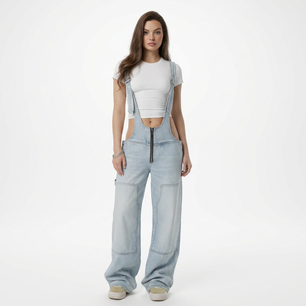 Women's Y2K Denim Overalls – Loose Fit Zipper Suspender Jumpsuit Streetwear