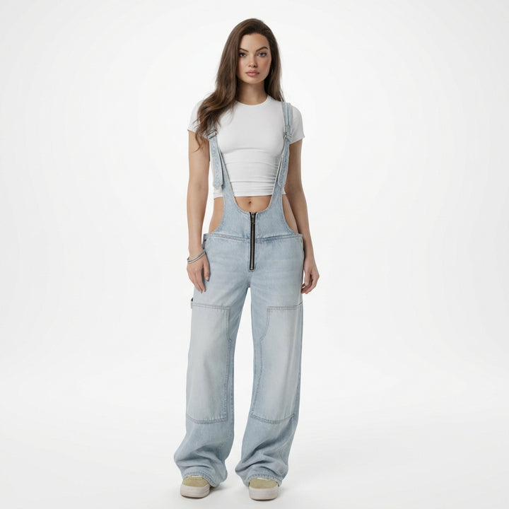 Women's Y2K Denim Overalls – Loose Fit Zipper Suspender Jumpsuit Streetwear