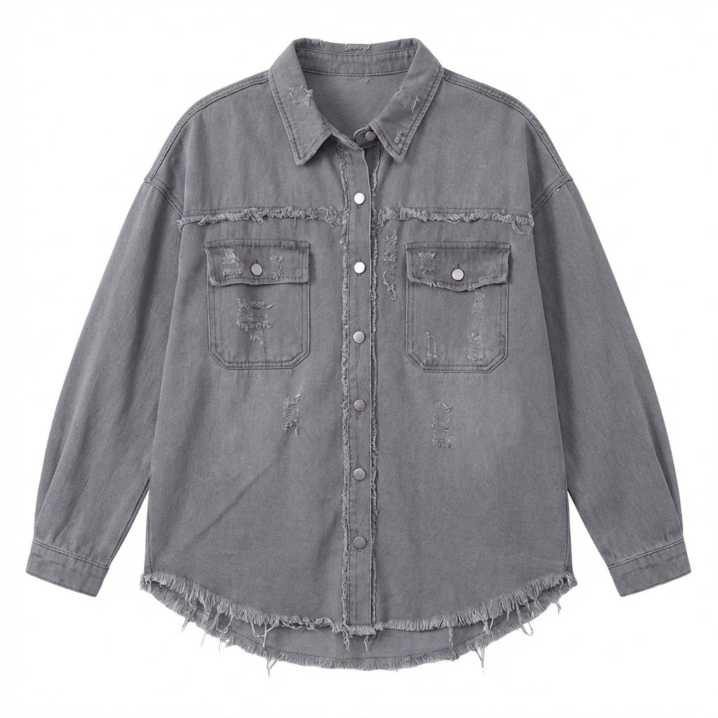 Women's Oversized Ripped Shacket – Casual Distressed Shirt Jacket for Fall & Spring