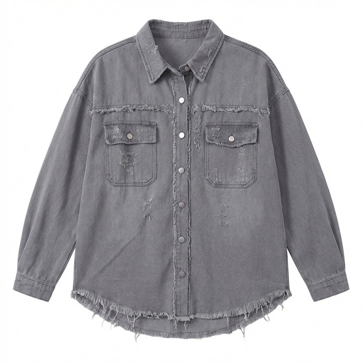 Women's Oversized Ripped Shacket – Casual Distressed Shirt Jacket for Fall & Spring