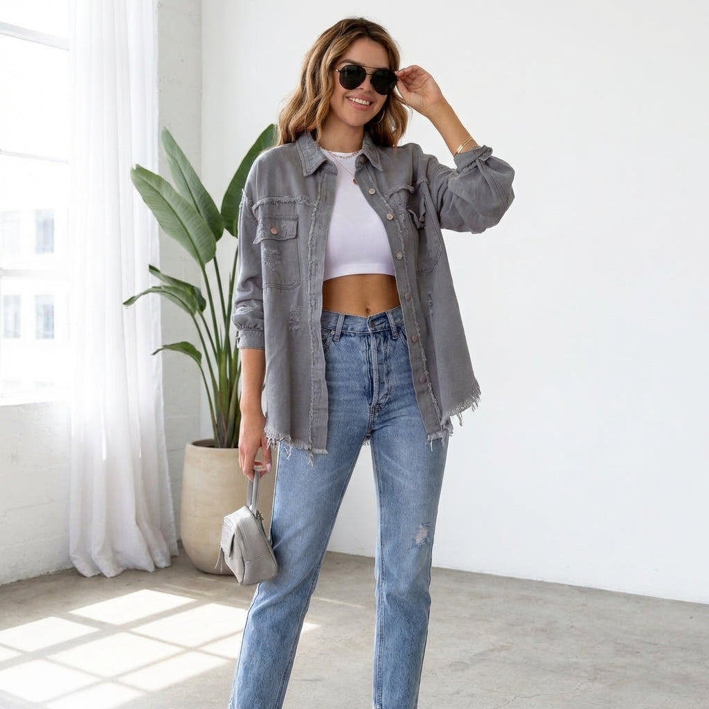 Women's Oversized Ripped Shacket – Casual Distressed Shirt Jacket for Fall & Spring