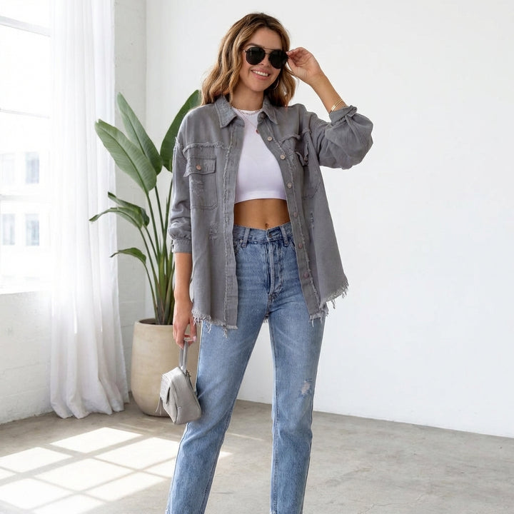 Women's Oversized Ripped Shacket – Casual Distressed Shirt Jacket for Fall & Spring