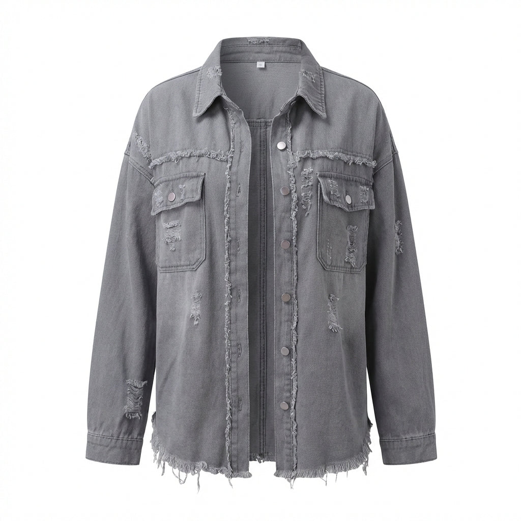 Women's Oversized Ripped Shacket – Casual Distressed Shirt Jacket for Fall & Spring