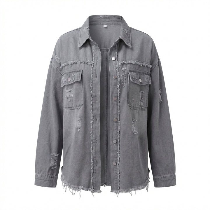 Women's Oversized Ripped Shacket – Casual Distressed Shirt Jacket for Fall & Spring