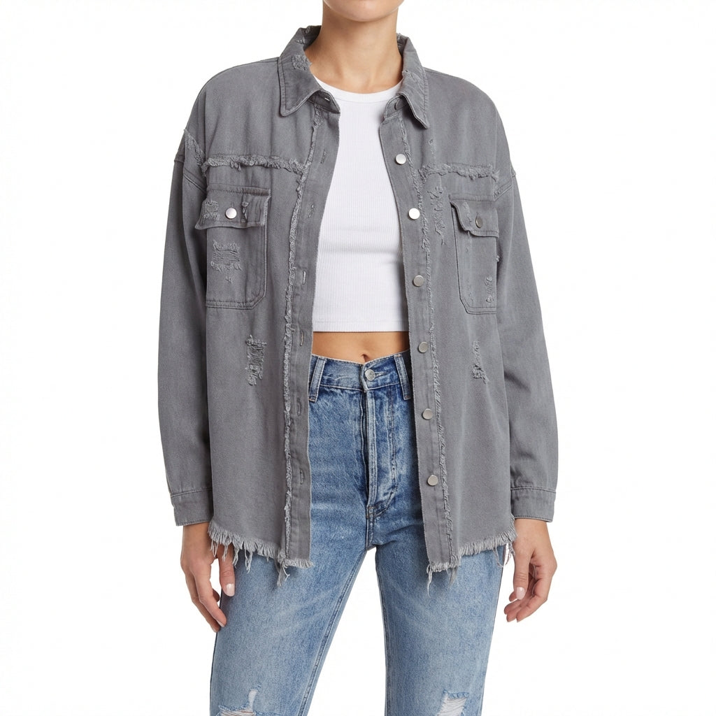 Women's Oversized Ripped Shacket – Casual Distressed Shirt Jacket for Fall & Spring