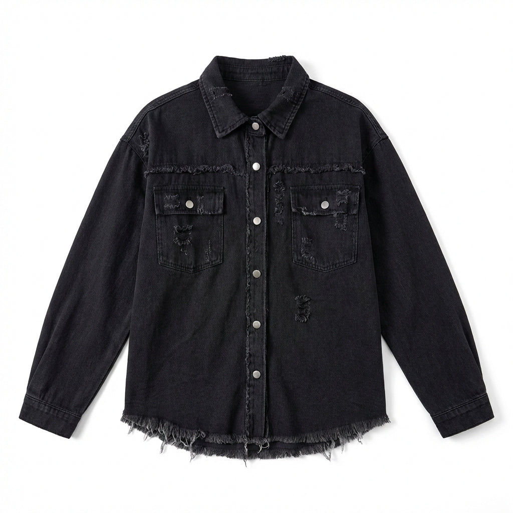 Women's Oversized Ripped Shacket – Casual Distressed Shirt Jacket for Fall & Spring