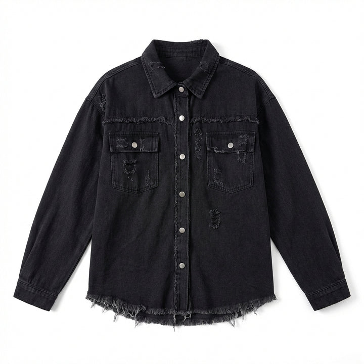 Women's Oversized Ripped Shacket – Casual Distressed Shirt Jacket for Fall & Spring