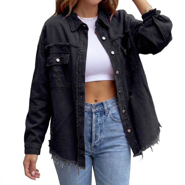 Women's Oversized Ripped Shacket – Casual Distressed Shirt Jacket for Fall & Spring
