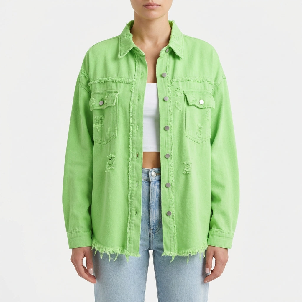 Women's Oversized Ripped Shacket – Casual Distressed Shirt Jacket for Fall & Spring