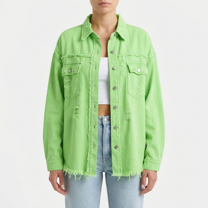 Women's Oversized Ripped Shacket – Casual Distressed Shirt Jacket for Fall & Spring