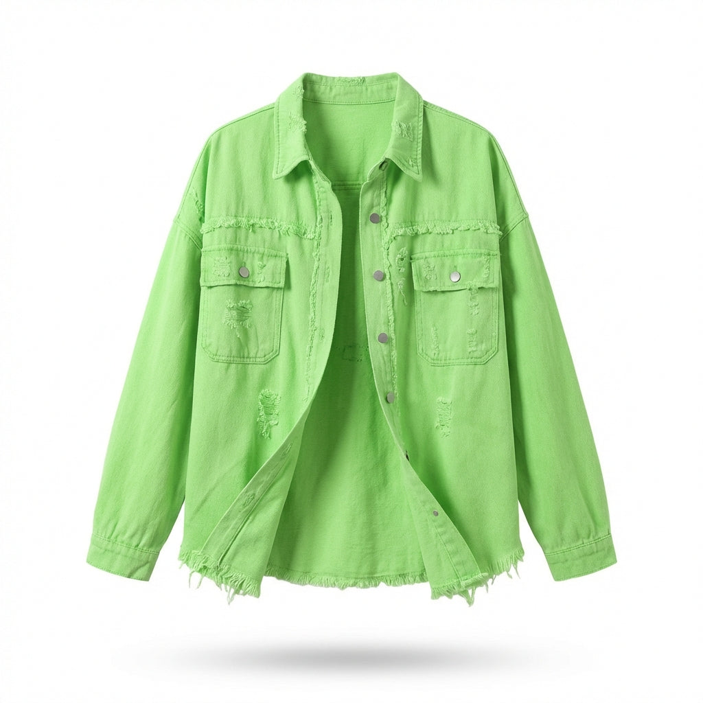 Women's Oversized Ripped Shacket – Casual Distressed Shirt Jacket for Fall & Spring