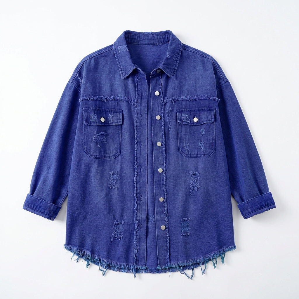 Women's Oversized Ripped Shacket – Casual Distressed Shirt Jacket for Fall & Spring