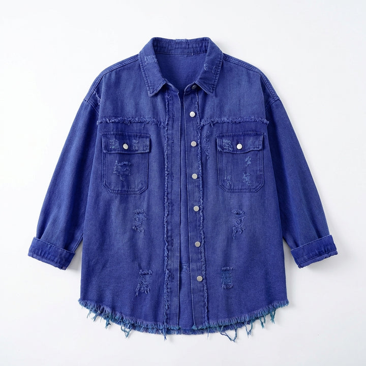 Women's Oversized Ripped Shacket – Casual Distressed Shirt Jacket for Fall & Spring